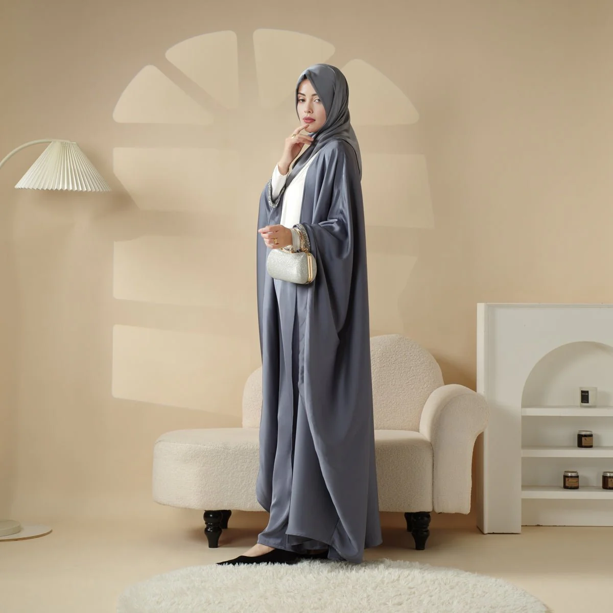 Abaya With Satin Shirt And Rhinestone Trousers | 4-Piece Set Abaya (MOA060) - Image 12