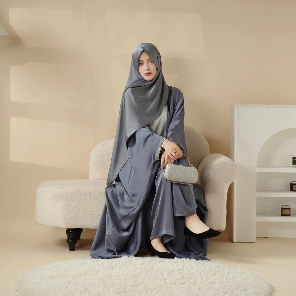 Abaya With Satin Shirt And Rhinestone Trousers | 4-Piece Set Abaya (MOA060) - Image 13