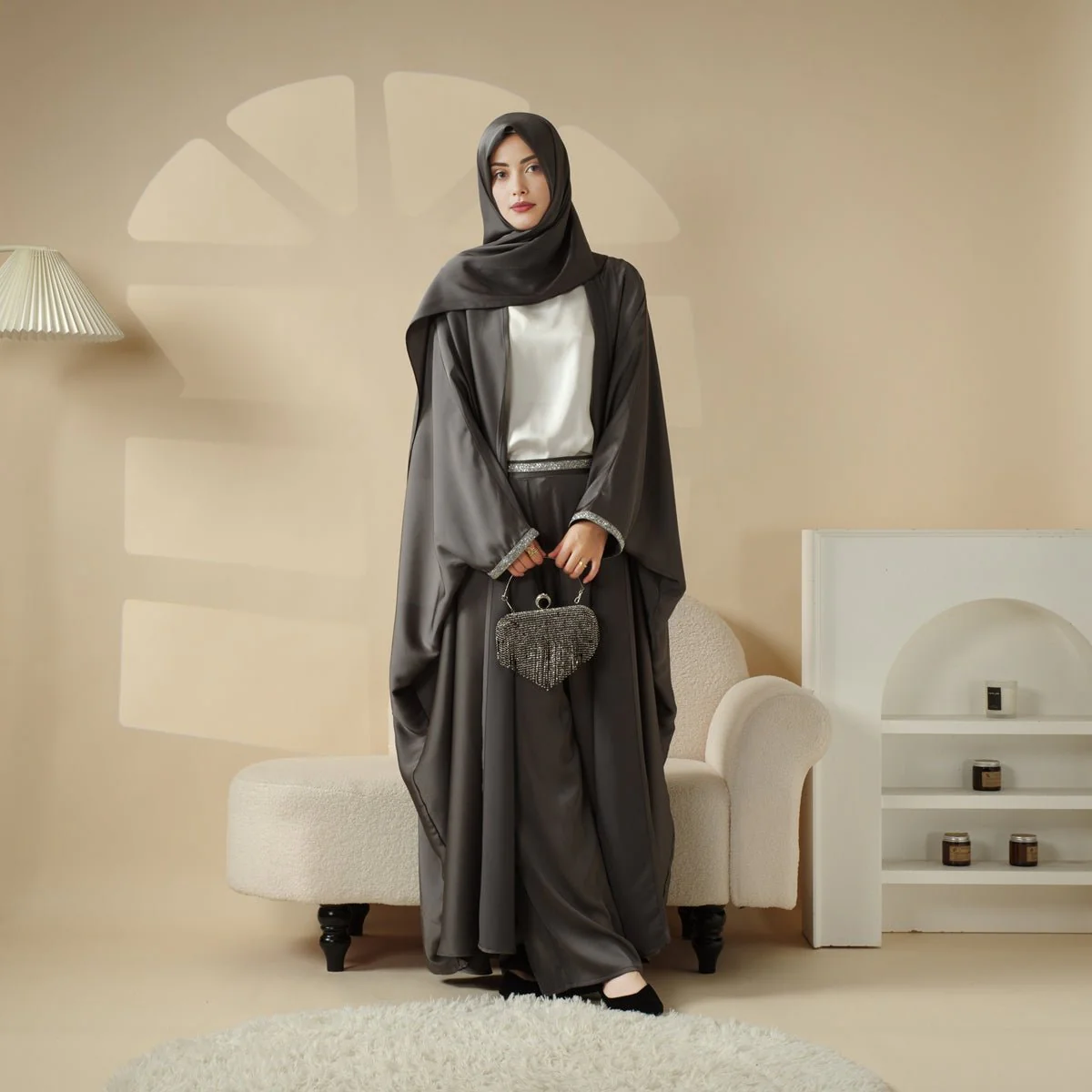 Abaya With Satin Shirt And Rhinestone Trousers | 4-Piece Set Abaya (MOA060) - Image 14