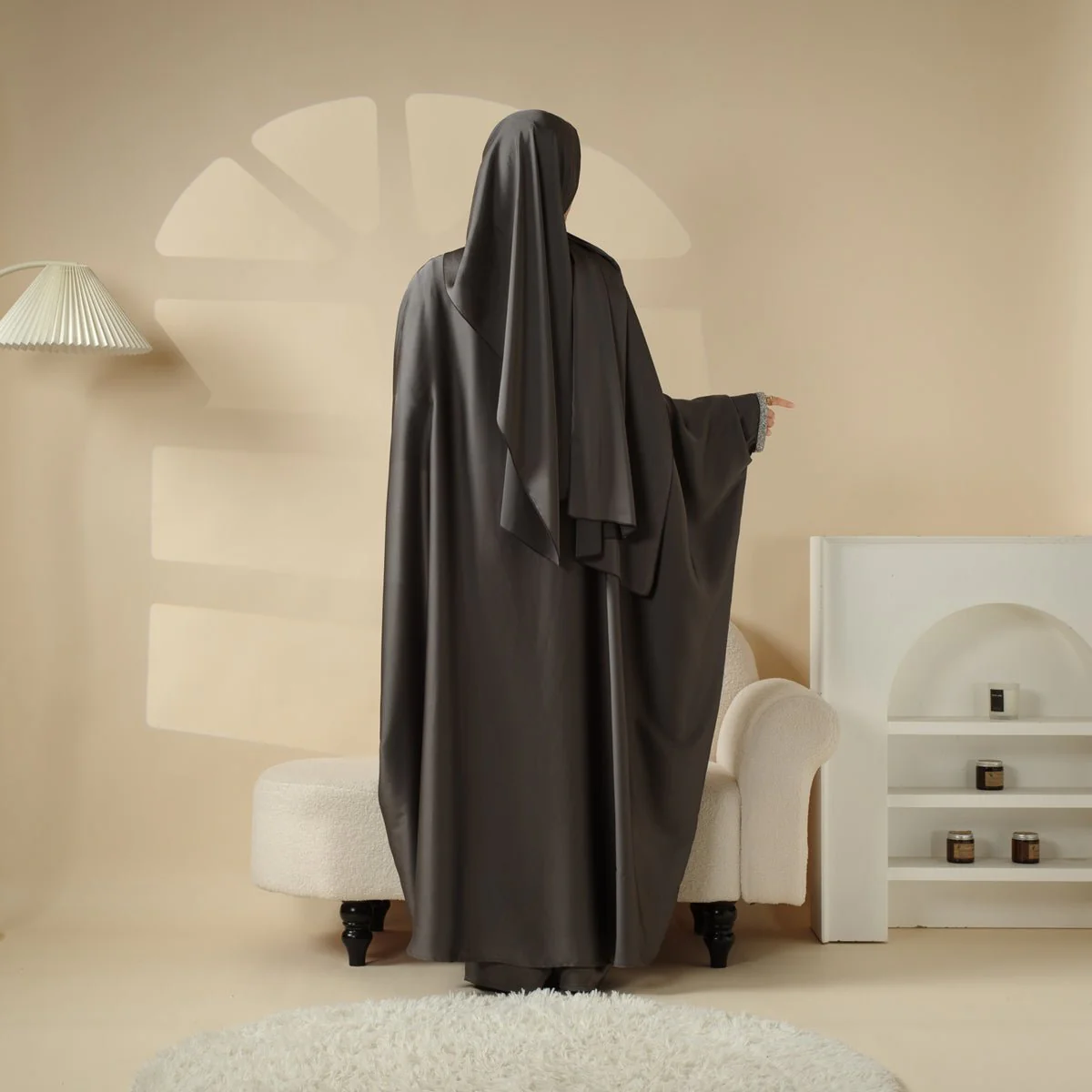 Abaya With Satin Shirt And Rhinestone Trousers | 4-Piece Set Abaya (MOA060) - Image 15