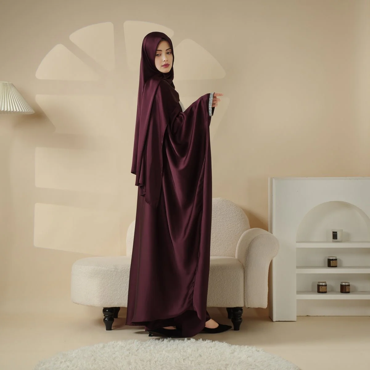 Abaya With Satin Shirt And Rhinestone Trousers | 4-Piece Set Abaya (MOA060) - Image 3