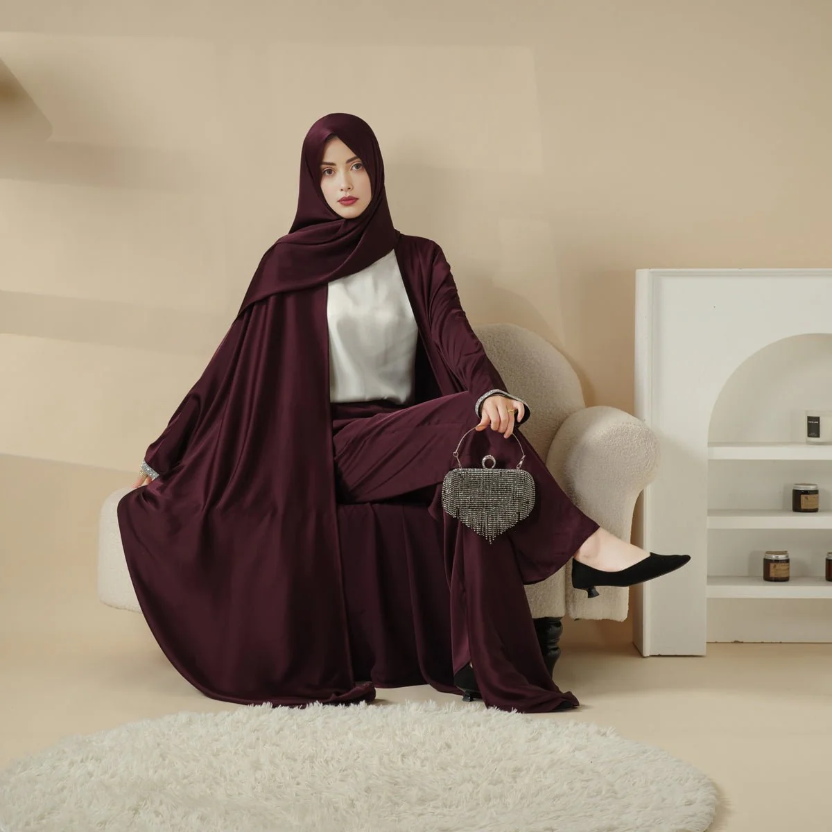 Abaya With Satin Shirt And Rhinestone Trousers | 4-Piece Set Abaya (MOA060) - Image 4