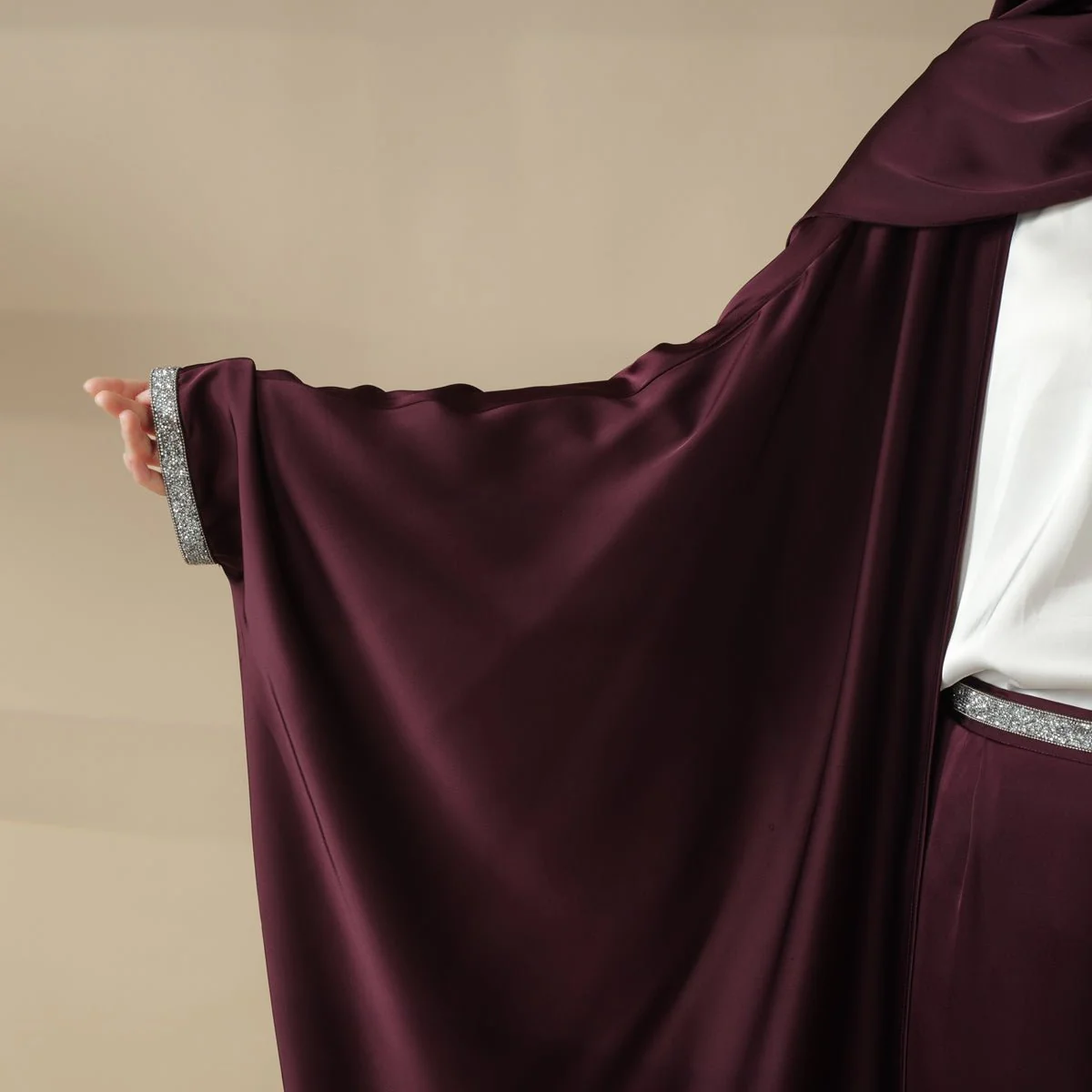 Abaya With Satin Shirt And Rhinestone Trousers | 4-Piece Set Abaya (MOA060) - Image 5