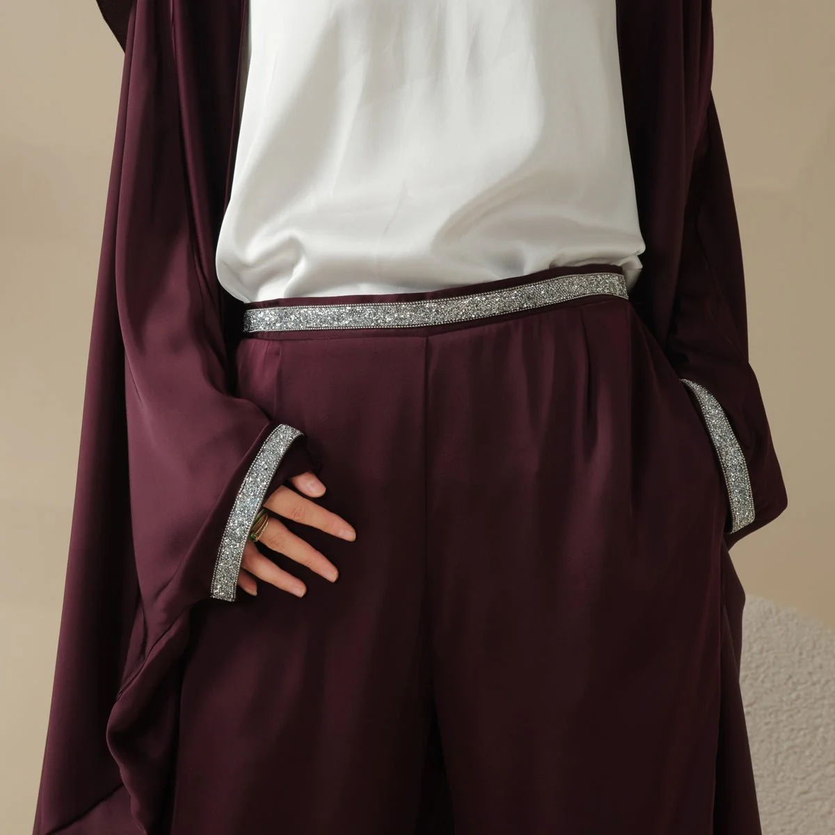 Abaya With Satin Shirt And Rhinestone Trousers | 4-Piece Set Abaya (MOA060) - Image 6