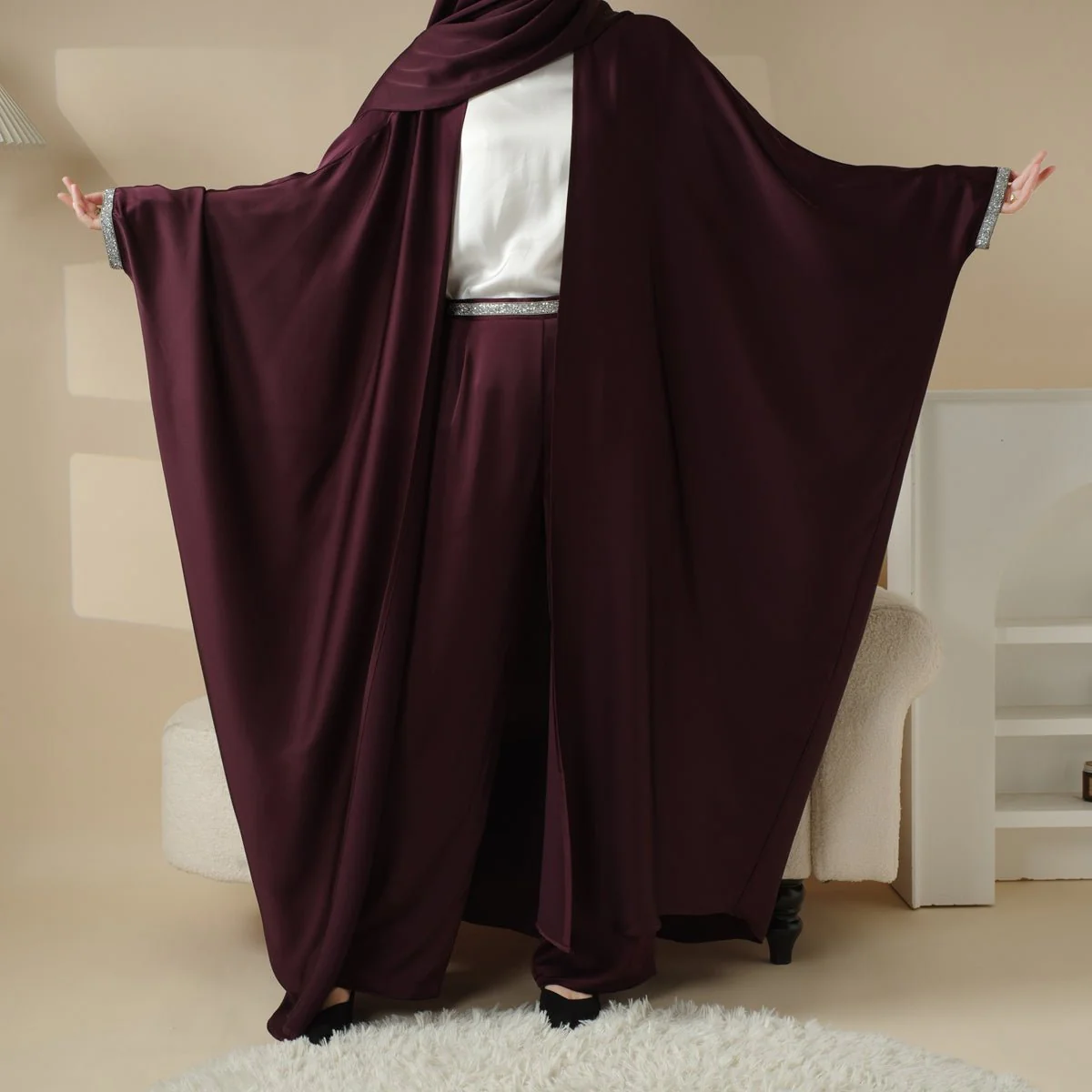 Abaya With Satin Shirt And Rhinestone Trousers | 4-Piece Set Abaya (MOA060) - Image 7