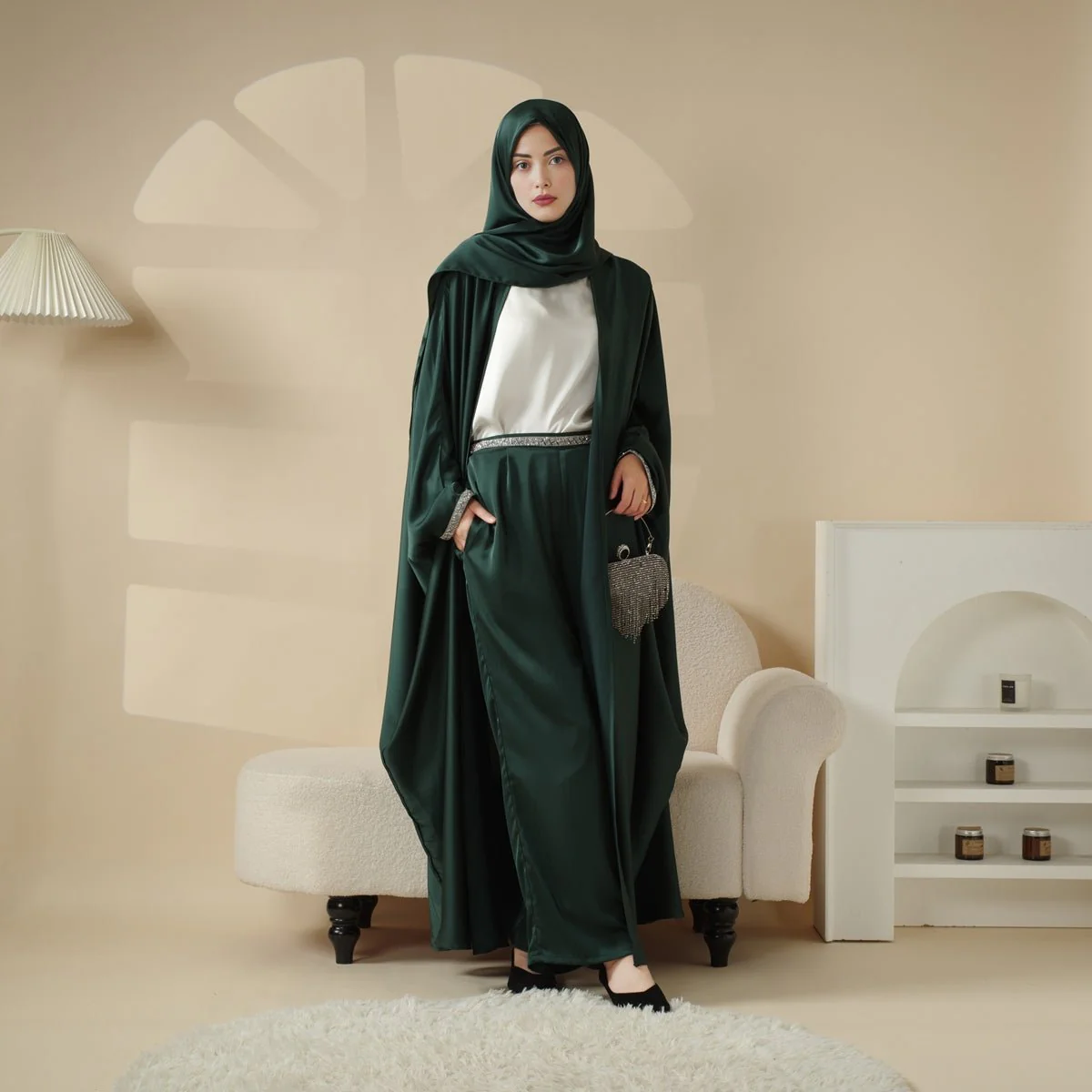 Abaya With Satin Shirt And Rhinestone Trousers | 4-Piece Set Abaya (MOA060) - Image 8