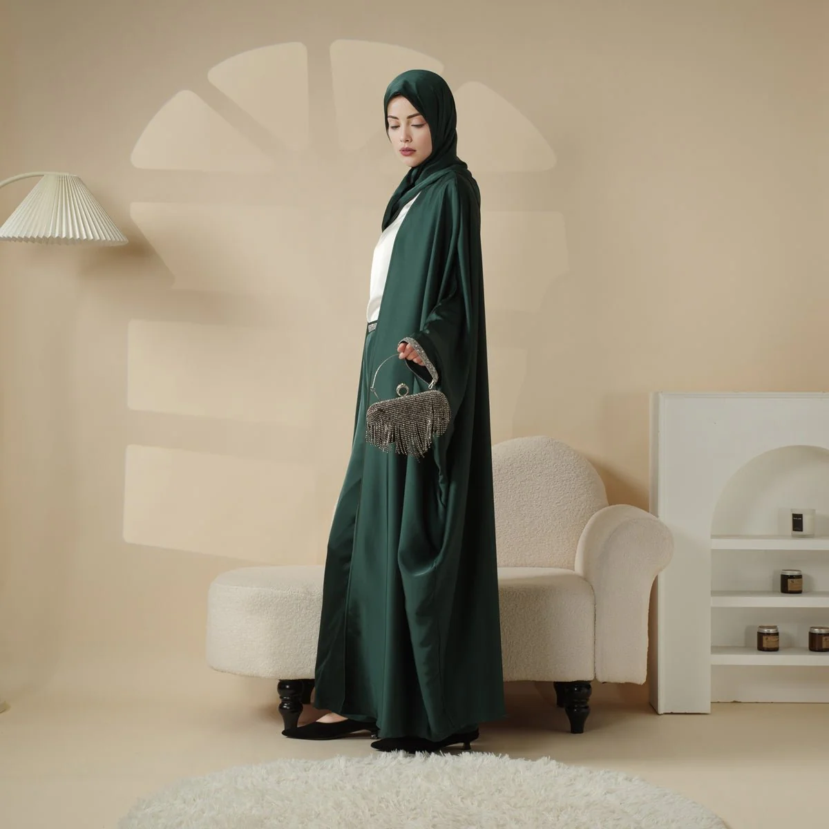 Abaya With Satin Shirt And Rhinestone Trousers | 4-Piece Set Abaya (MOA060) - Image 9