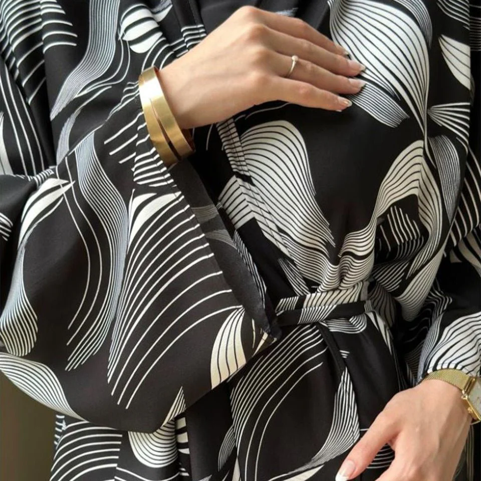 Abstract Wave Print Kimono Abaya | Oversized Open-Front Cardigan Abaya (MOA265) - Image 5