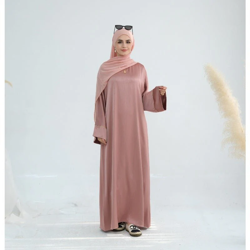 Acetate Crinkle Solid Color Round Neck Abaya Set(MA307) - Image 2