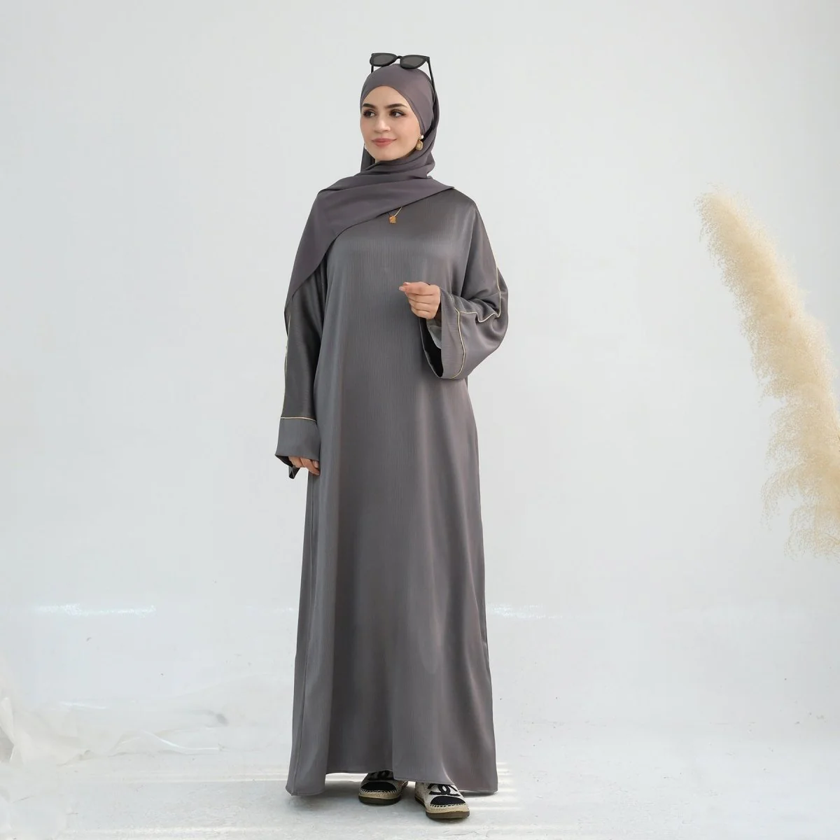 Acetate Crinkle Solid Color Round Neck Abaya Set(MA307) - Image 28