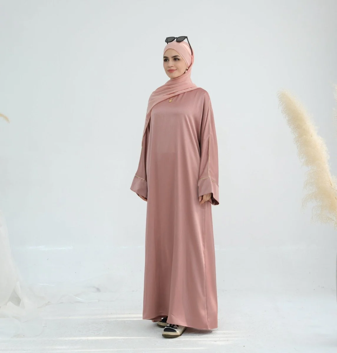 Acetate Crinkle Solid Color Round Neck Abaya Set(MA307) - Image 31