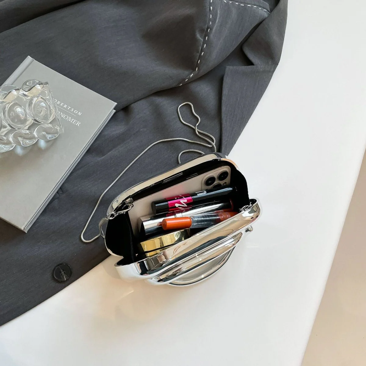 Acrylic Evening Clutch | Metallic Handle Party Bag with Chain Strap(MAC354) - Image 4