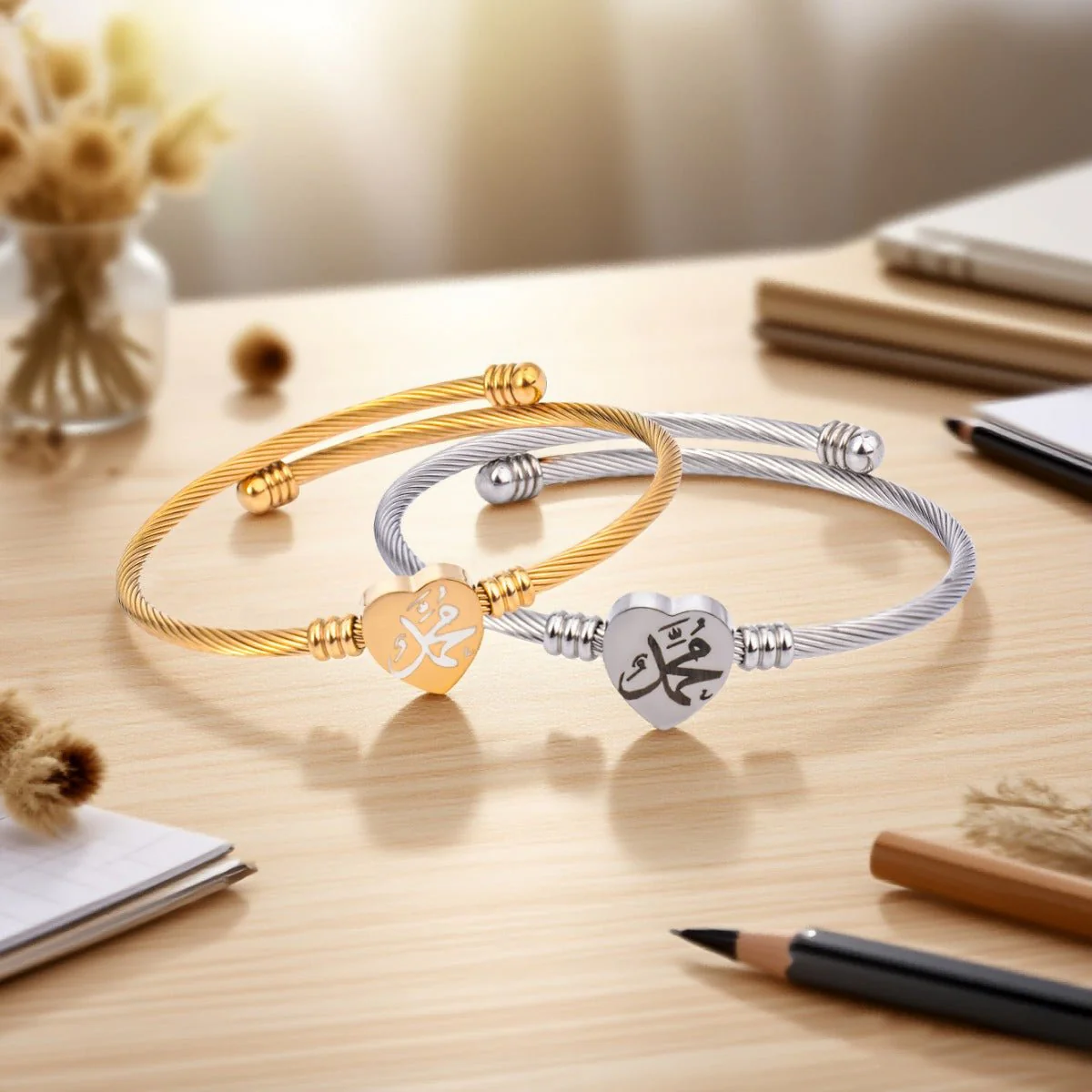 Allah Heart Bracelet Set Islamic Calligraphy Jewelry with Twisted Rope Design (MAC246)