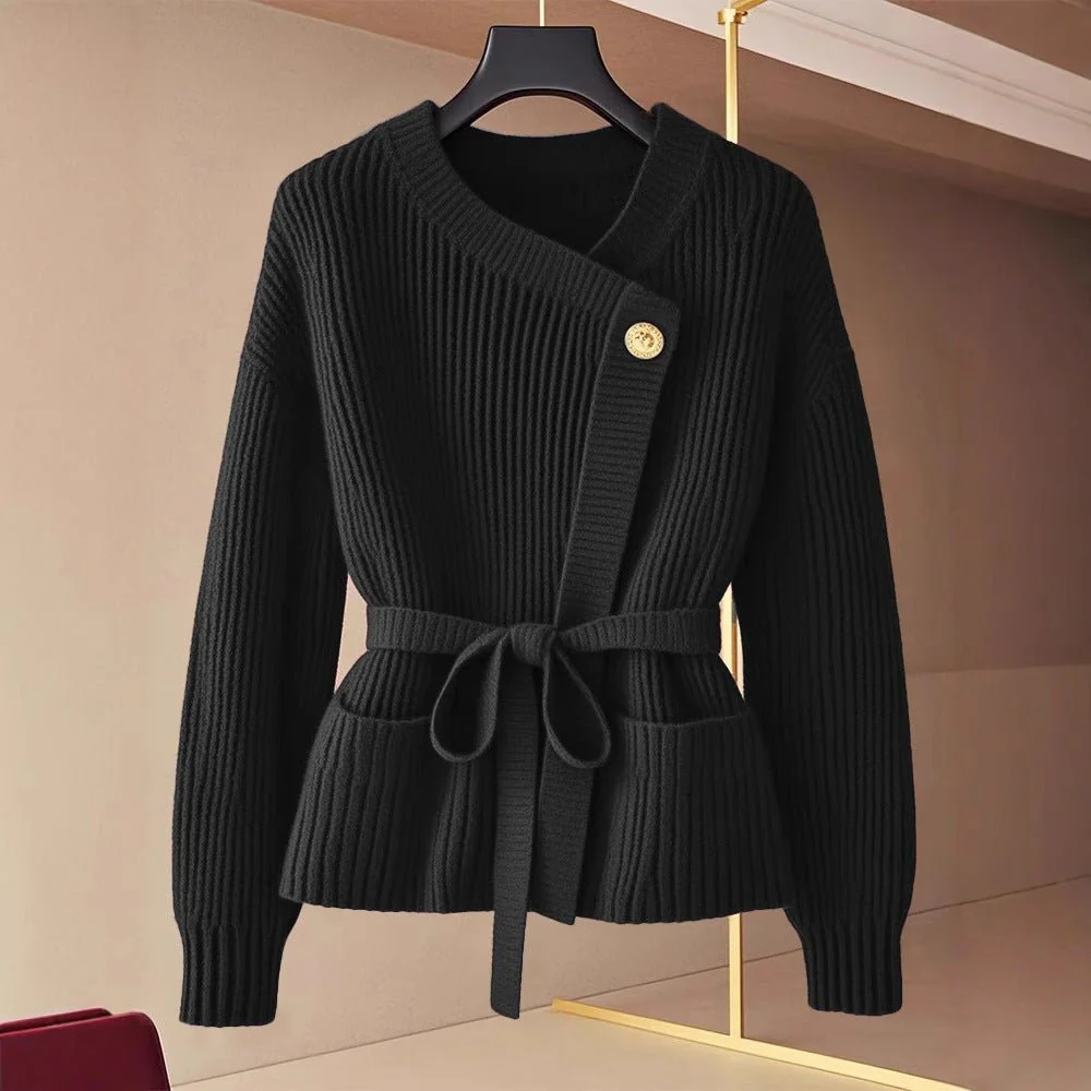 Asymmetric Belted Knit Cardigan | Korean Style Button-Front Sweater(MS201)
