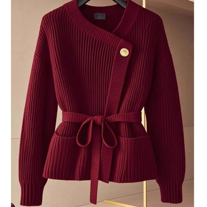 Asymmetric Belted Knit Cardigan | Korean Style Button-Front Sweater(MS201) - Image 2