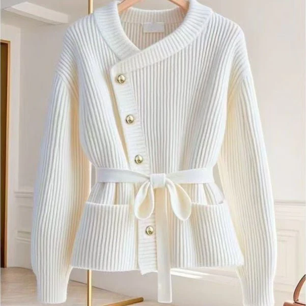 Asymmetric Belted Knit Cardigan | Korean Style Button-Front Sweater(MS201) - Image 3