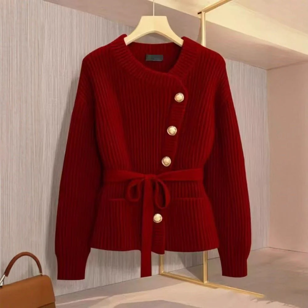 Asymmetric Belted Knit Cardigan | Korean Style Button-Front Sweater(MS201) - Image 4