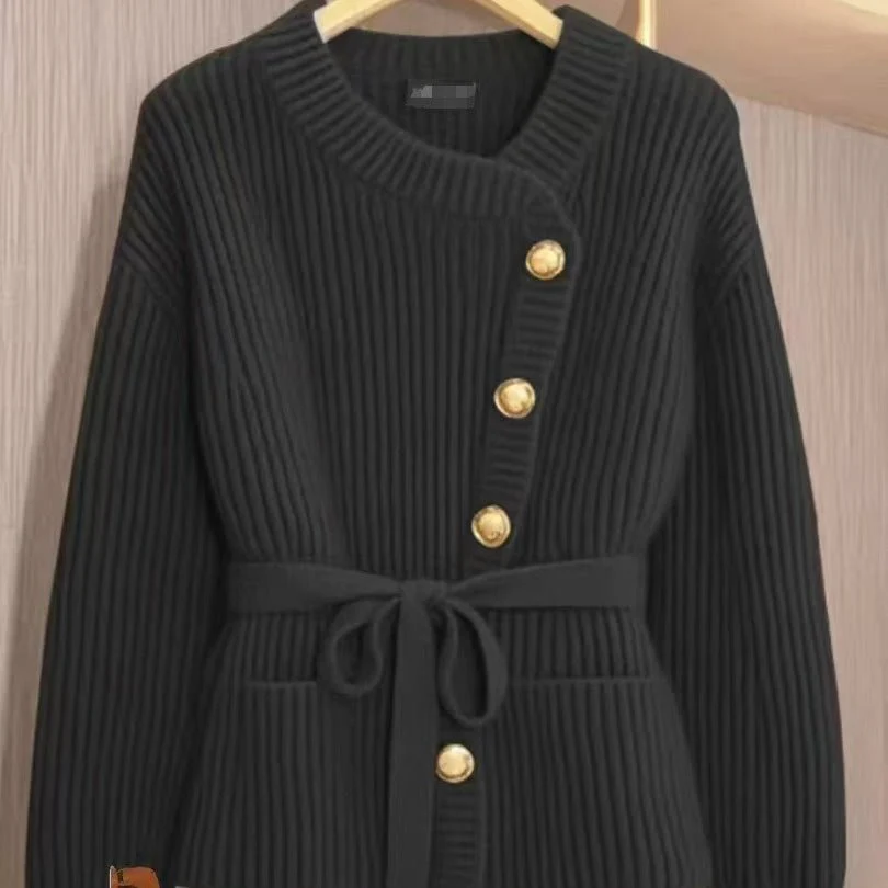 Asymmetric Belted Knit Cardigan | Korean Style Button-Front Sweater(MS201) - Image 5