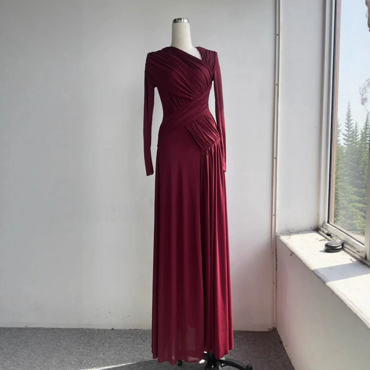 Asymmetric Ruched Gown with Diagonal Draping(MS262) - Image 4