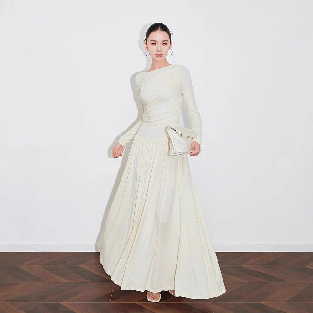 Asymmetric Ruched Knit Dress with Pleated Skirt (MS343) - Image 3