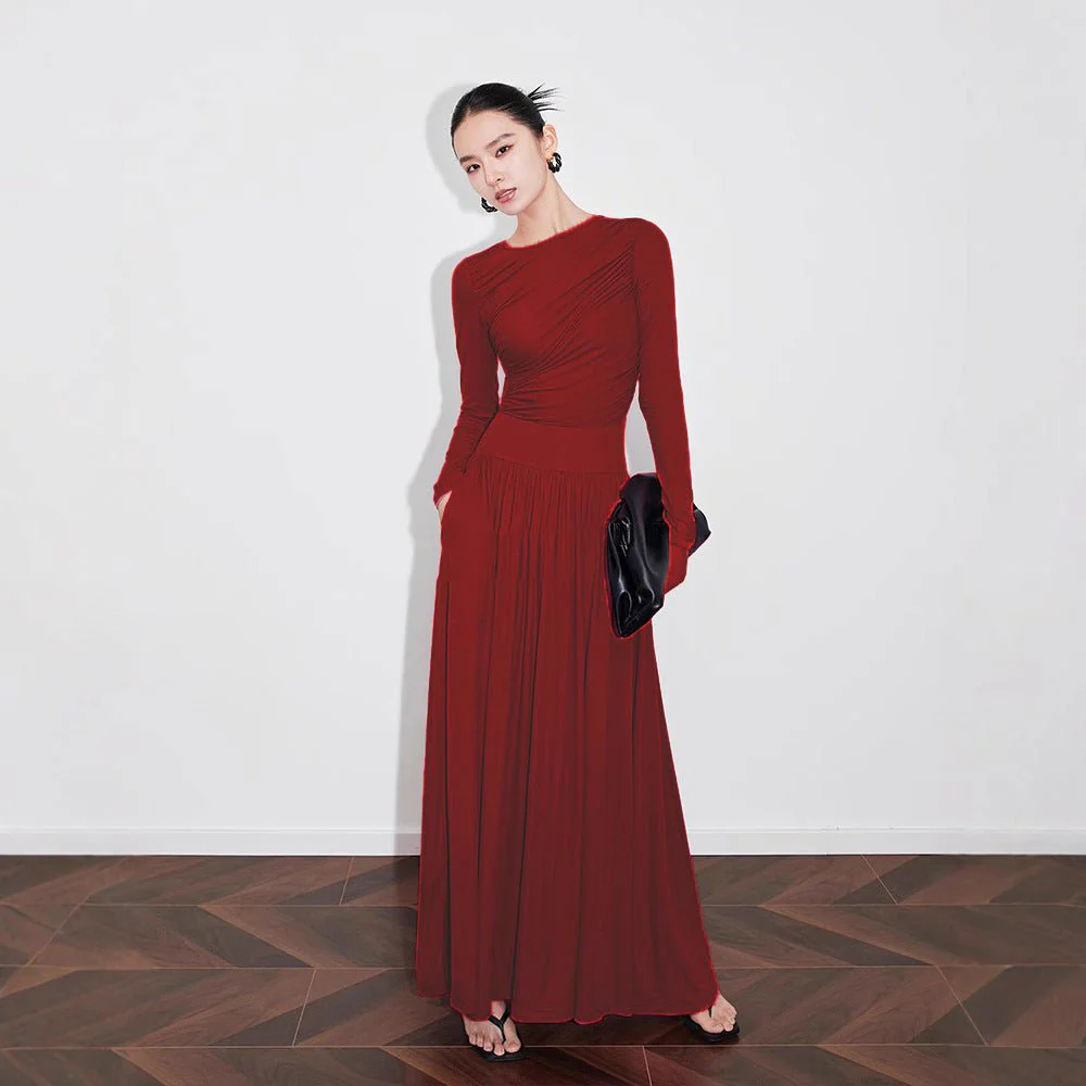 Asymmetric Ruched Knit Dress with Pleated Skirt (MS343) - Image 4
