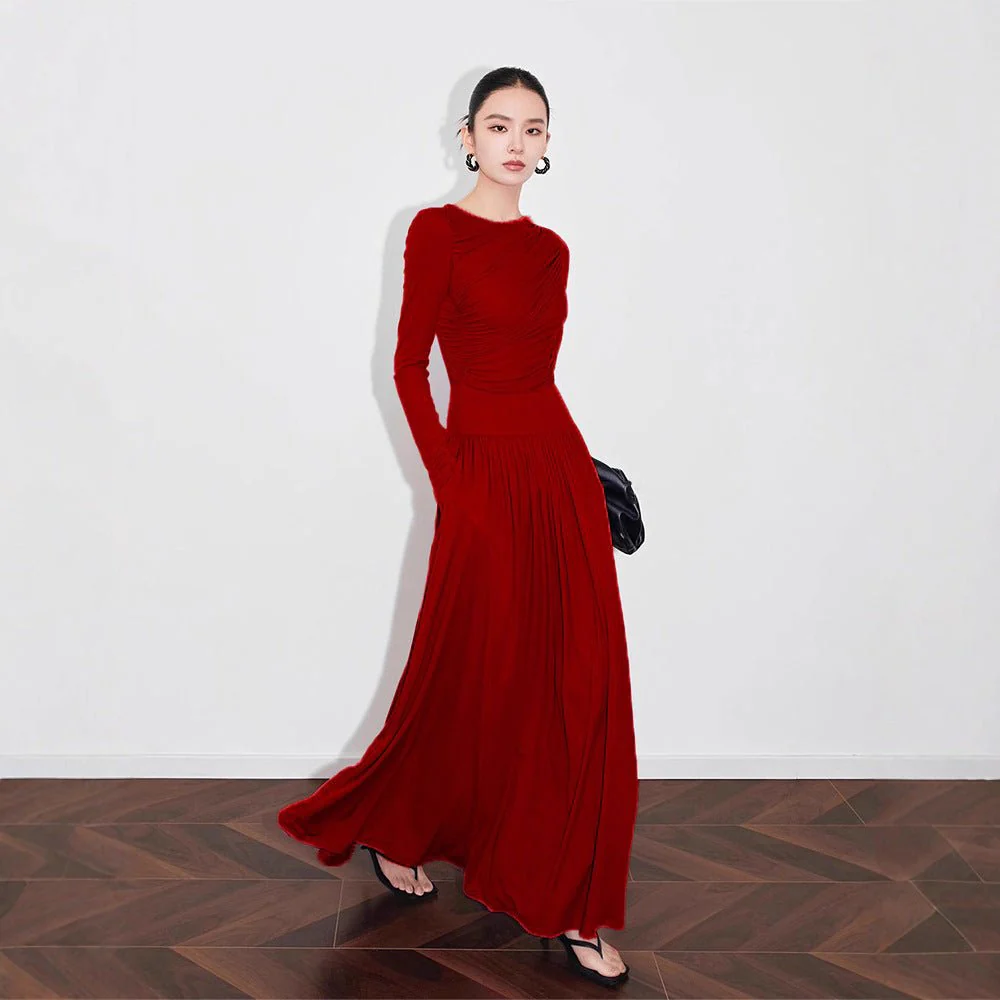 Asymmetric Ruched Knit Dress with Pleated Skirt (MS343) - Image 5