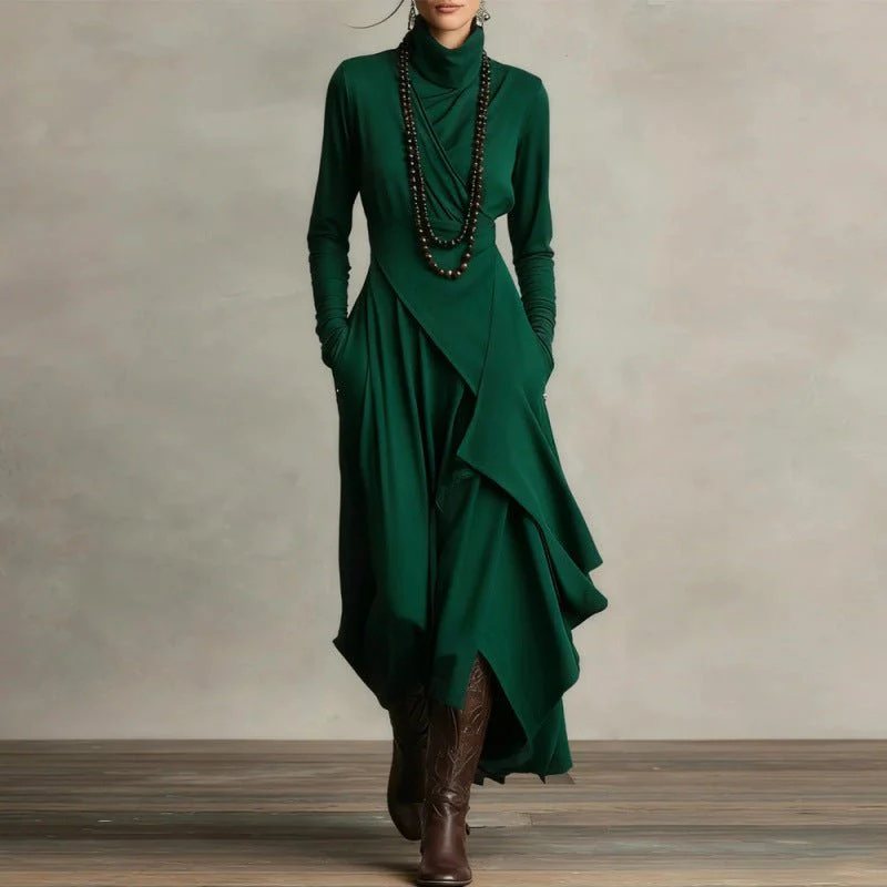 Asymmetric Wrap Gown with Turtleneck | Draped Handkerchief Hem Dress(MS261) - Image 3