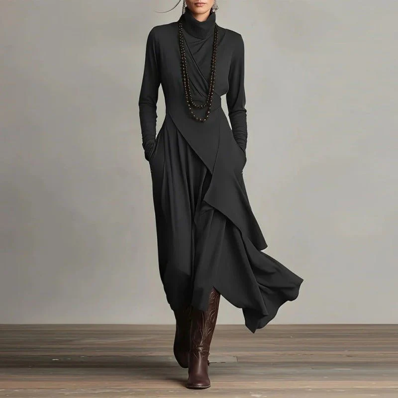 Asymmetric Wrap Gown with Turtleneck | Draped Handkerchief Hem Dress(MS261) - Image 4