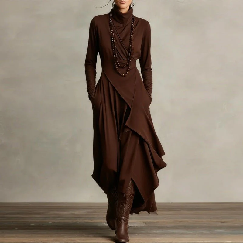 Asymmetric Wrap Gown with Turtleneck | Draped Handkerchief Hem Dress(MS261) - Image 5