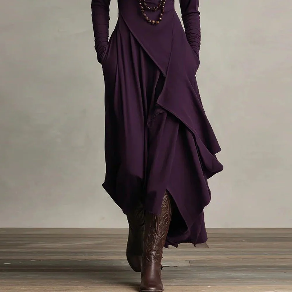 Asymmetric Wrap Gown with Turtleneck | Draped Handkerchief Hem Dress(MS261) - Image 6