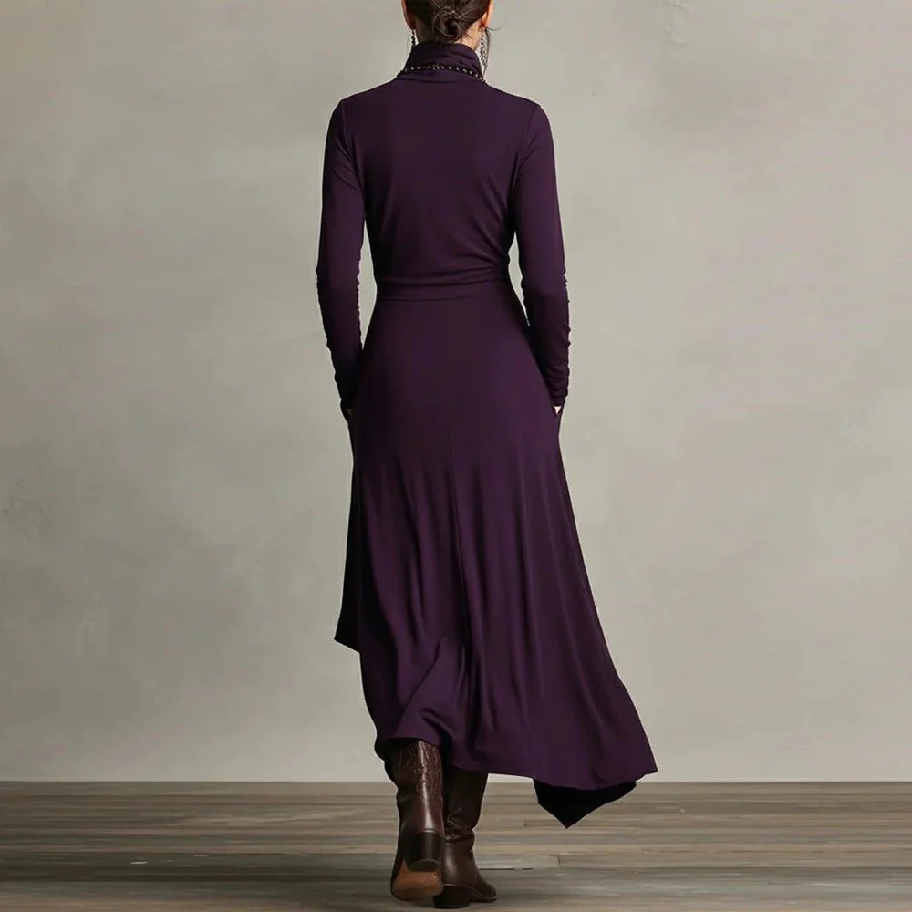 Asymmetric Wrap Gown with Turtleneck | Draped Handkerchief Hem Dress(MS261) - Image 7