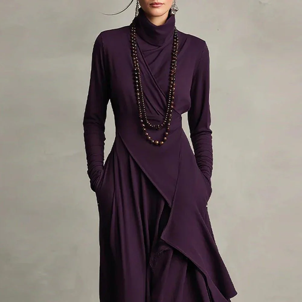 Asymmetric Wrap Gown with Turtleneck | Draped Handkerchief Hem Dress(MS261) - Image 8