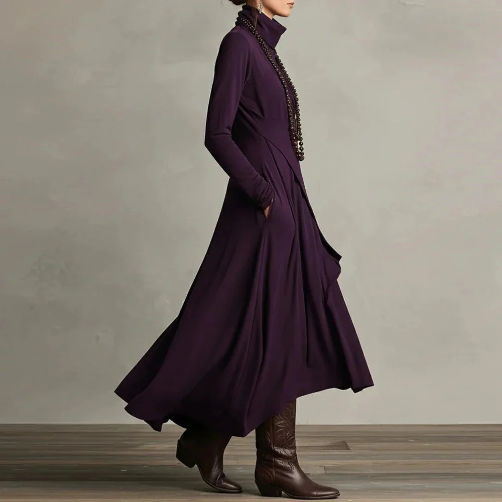 Asymmetric Wrap Gown with Turtleneck | Draped Handkerchief Hem Dress(MS261) - Image 9