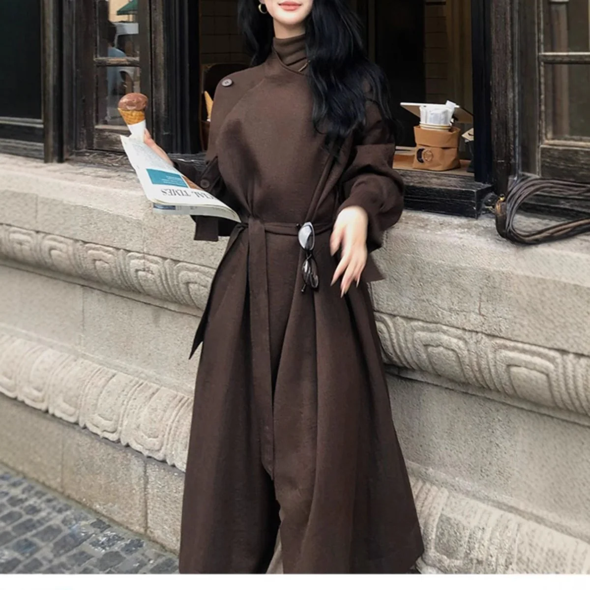 Autumn Long Coat with Wide Lapel | Belted Maxi Jacket(MS145) - Image 2