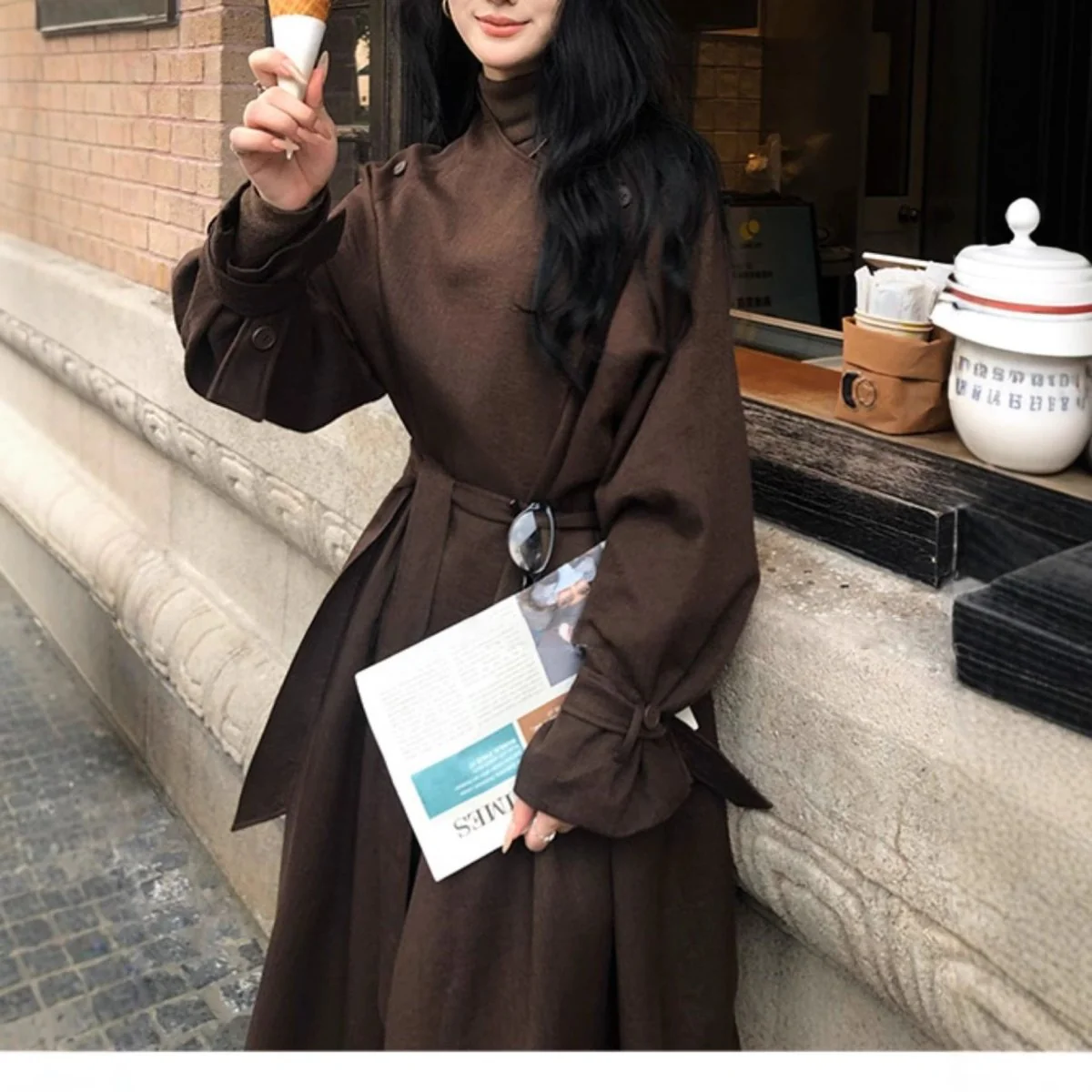 Autumn Long Coat with Wide Lapel | Belted Maxi Jacket(MS145) - Image 3