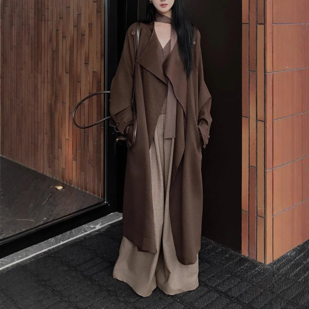 Autumn Long Coat with Wide Lapel | Belted Maxi Jacket(MS145) - Image 4