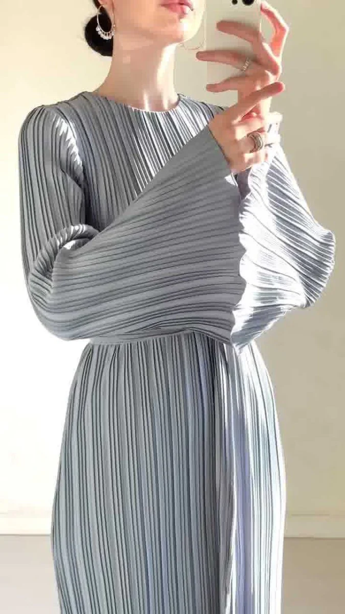 Autumn New Pleated Flared Sleeve Wedding Guest  Dress Abaya with Belt(MA193) - Image 10