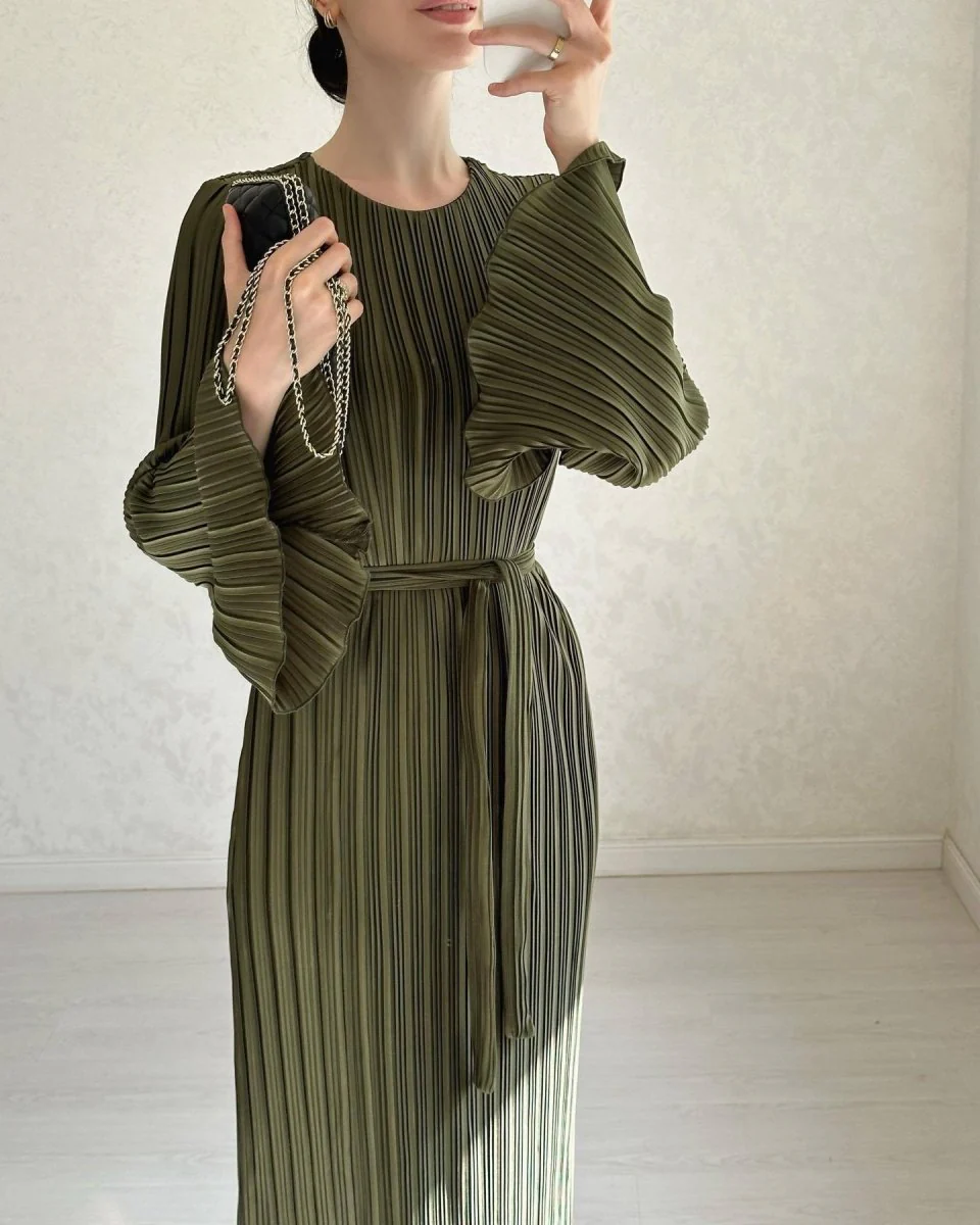 Autumn New Pleated Flared Sleeve Wedding Guest  Dress Abaya with Belt(MA193) - Image 11