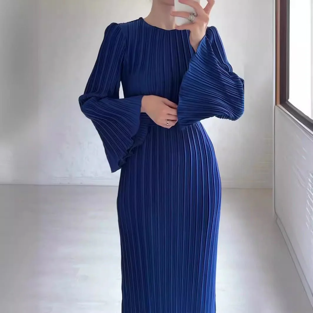 Autumn New Pleated Flared Sleeve Wedding Guest  Dress Abaya with Belt(MA193) - Image 12