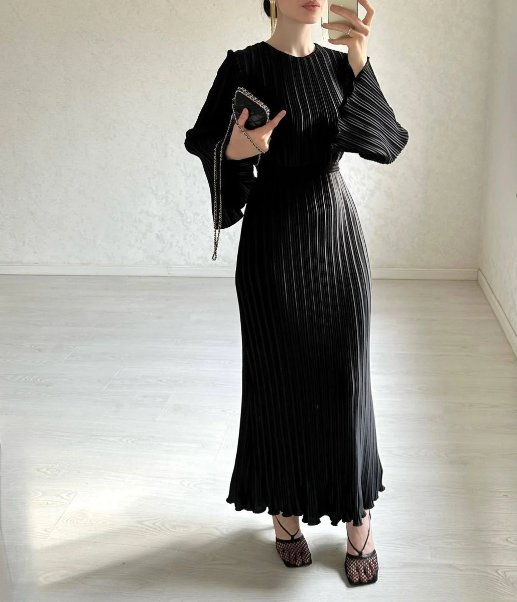 Autumn New Pleated Flared Sleeve Wedding Guest  Dress Abaya with Belt(MA193) - Image 13