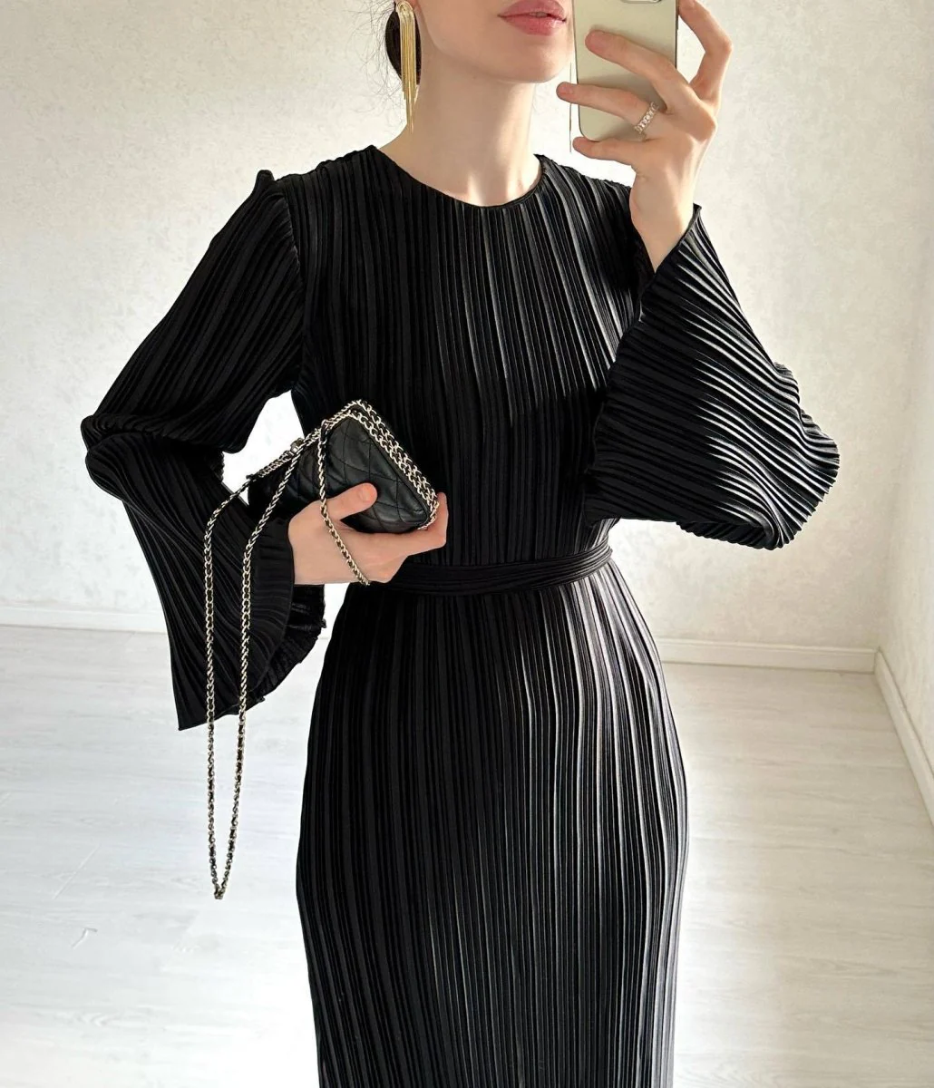 Autumn New Pleated Flared Sleeve Wedding Guest  Dress Abaya with Belt(MA193) - Image 14