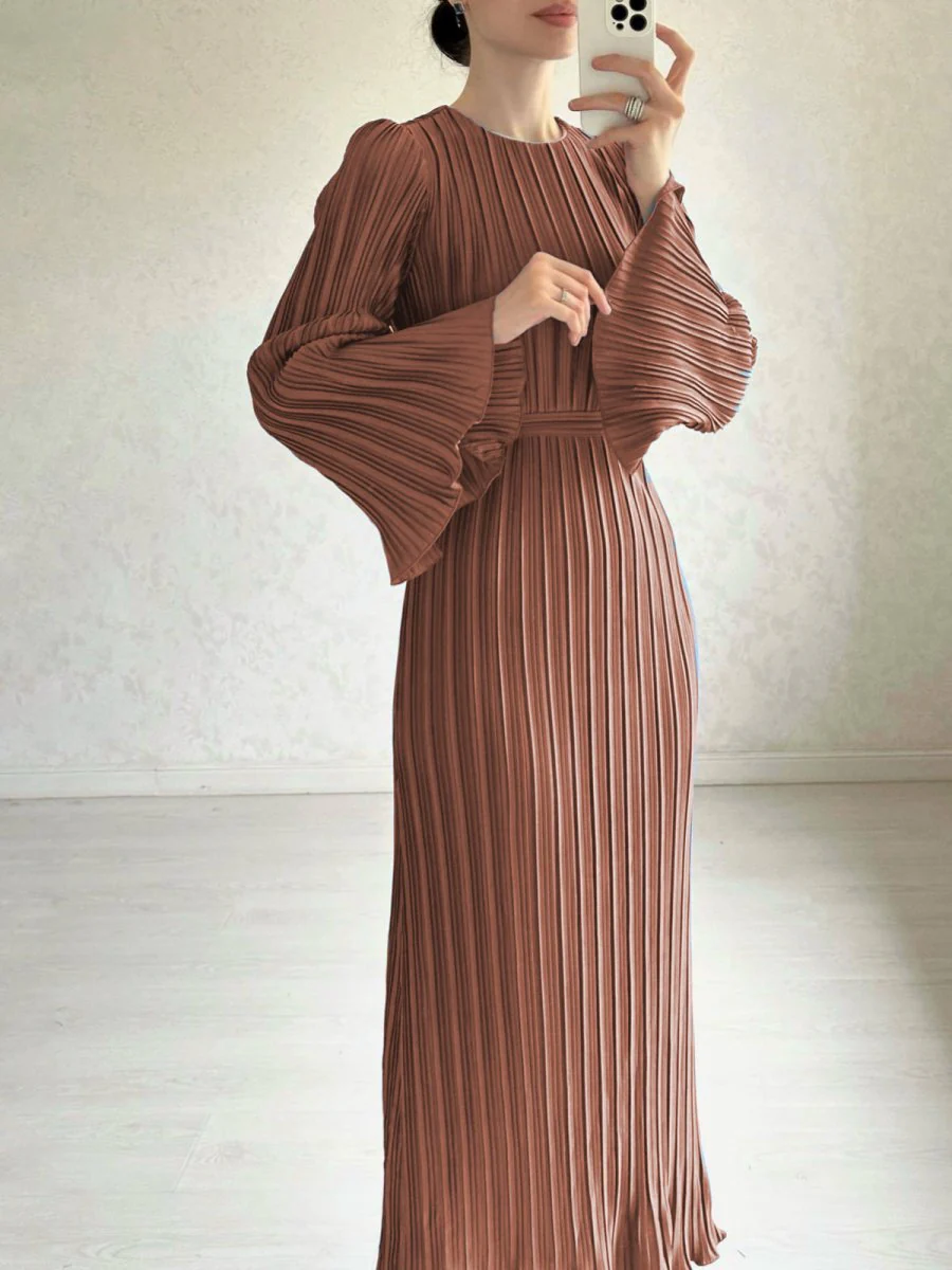 Autumn New Pleated Flared Sleeve Wedding Guest  Dress Abaya with Belt(MA193) - Image 15