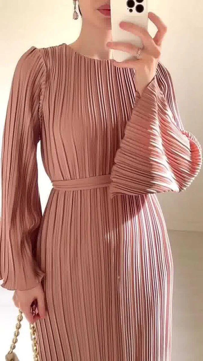 Autumn New Pleated Flared Sleeve Wedding Guest  Dress Abaya with Belt(MA193) - Image 16