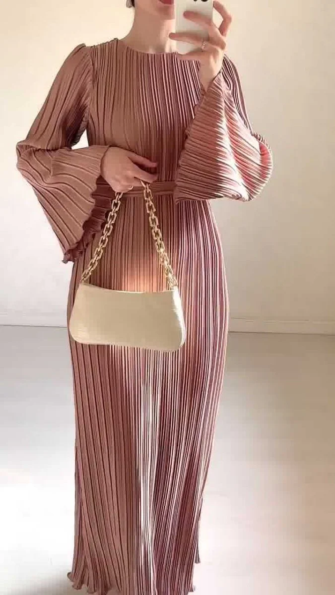 Autumn New Pleated Flared Sleeve Wedding Guest  Dress Abaya with Belt(MA193) - Image 17