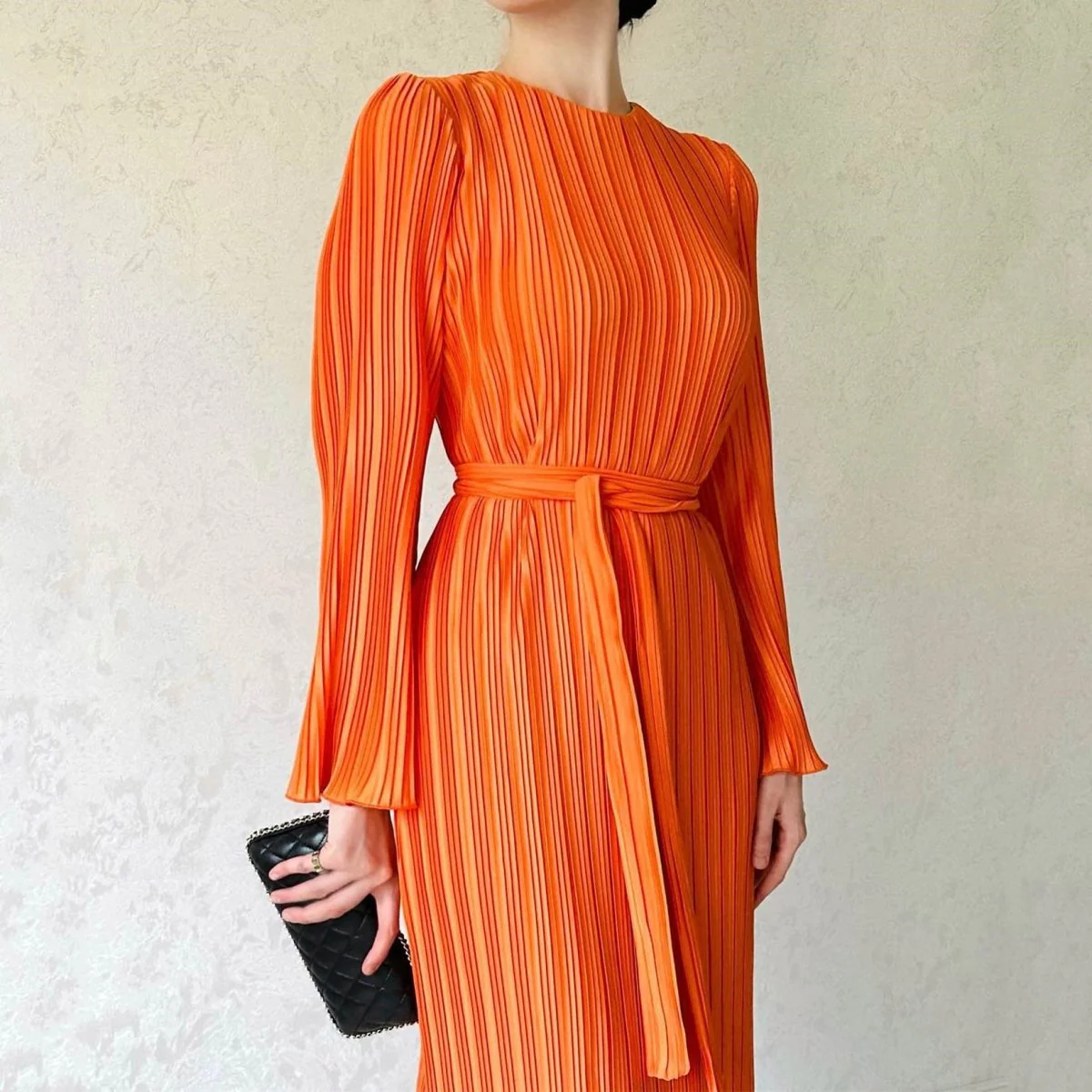 Autumn New Pleated Flared Sleeve Wedding Guest  Dress Abaya with Belt(MA193) - Image 19