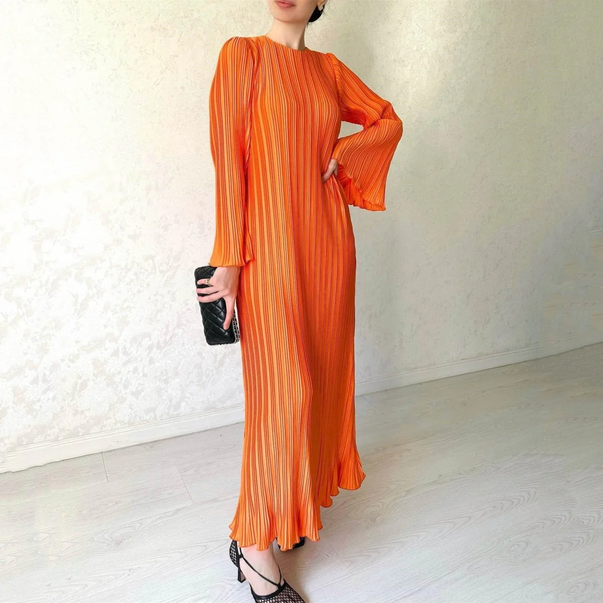 Autumn New Pleated Flared Sleeve Wedding Guest  Dress Abaya with Belt(MA193) - Image 20