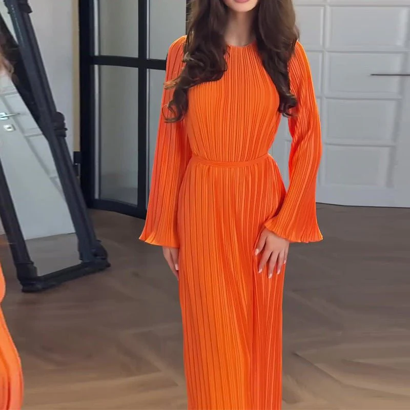 Autumn New Pleated Flared Sleeve Wedding Guest  Dress Abaya with Belt(MA193) - Image 22