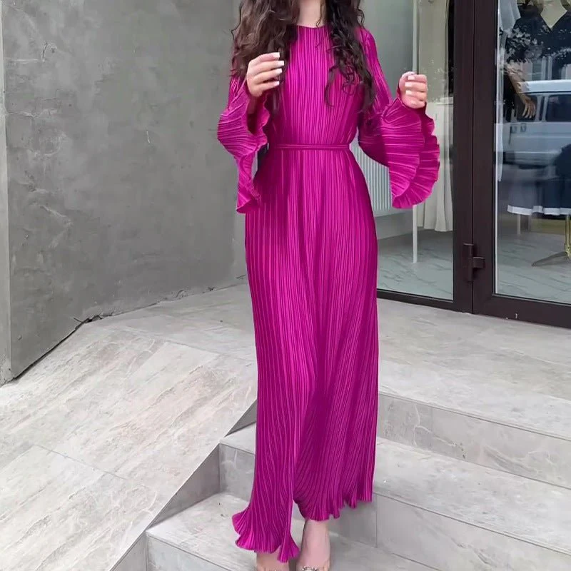 Autumn New Pleated Flared Sleeve Wedding Guest  Dress Abaya with Belt(MA193) - Image 23