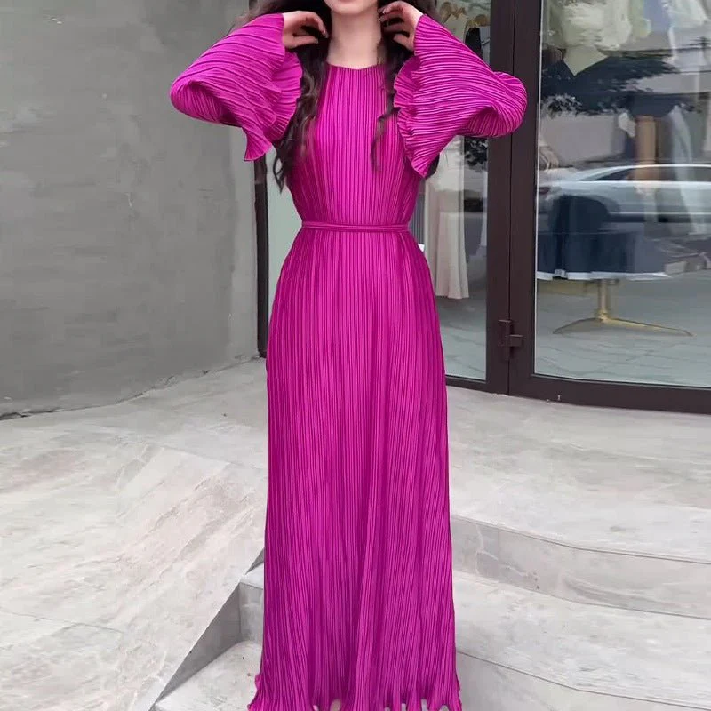 Autumn New Pleated Flared Sleeve Wedding Guest  Dress Abaya with Belt(MA193) - Image 24