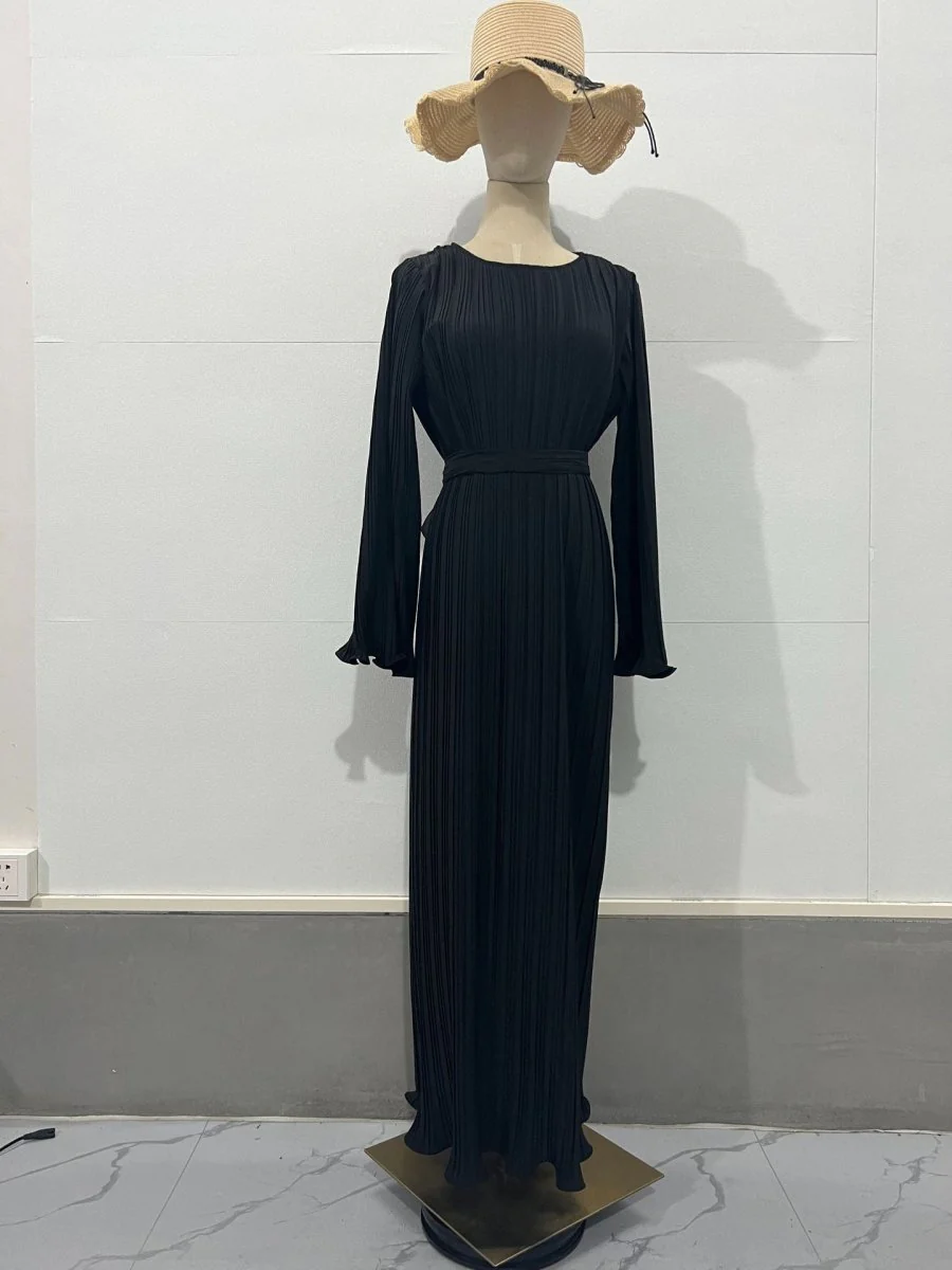 Autumn New Pleated Flared Sleeve Wedding Guest  Dress Abaya with Belt(MA193) - Image 25